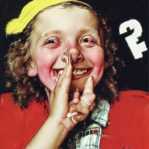 Image similar to a portrait of svika pick smiling while doing a peace sign, by norman rockwell