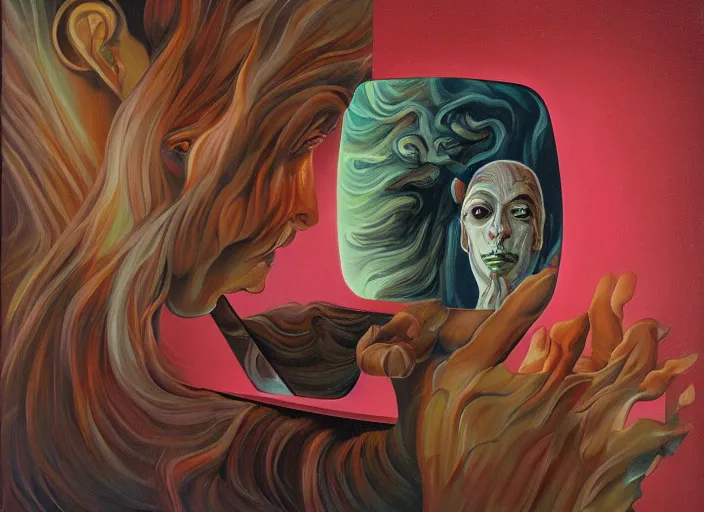 Image similar to a painting of a person looking in a mirror, a surrealist painting by Taro Okamoto, behance contest winner, pop surrealism, surrealist, cosmic horror, biomorphic