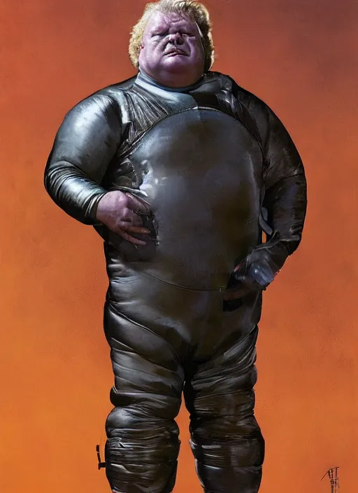 Image similar to upper body portrait of baron harkonnen wearing a leather spacesuit floating in space, dystopian, mean, angry, by tom lovell and dean cornwell and norman rockwell, photoreal, character concept art, artstation