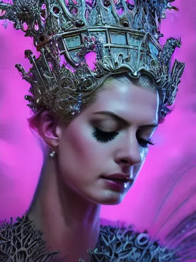 Image similar to pink portrait of beautiful female angel queen anne hathaway head wearing shiny pink crown, subtle purple accents, hyper details, black metal rococo, sculpted by Alex Alice, Craig Mullins, yoji shinkawa, trending on artstation, beautifully lit, Peter mohrbacher, hyper detailed, insane details, intricate, elite, elegant, luxury, ray of light through smoke, CGsociety, hypermaximalist, golden ratio, background urban cityscape, night, neofuture, volumetric, octane render, weta digital, micro details, 3d sculpture