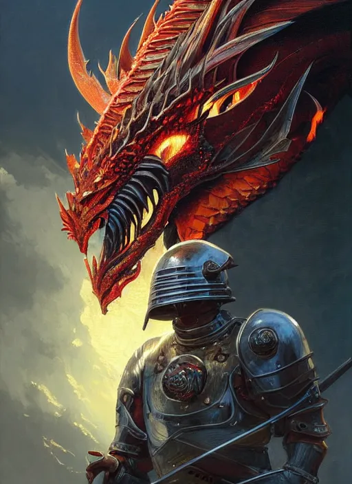 Image similar to highly detailed portrait of knight's helmet reflecting red dragon reflection detailed, 8 k blocking flames fire, green eyes, fantasy art by by simon bisley, loish, rhads, ferdinand knab, makoto shinkai and lois van baarle, ilya kuvshinov, rossdraws, tom bagshaw, global illumination, radiant light, detailed and intricate environment