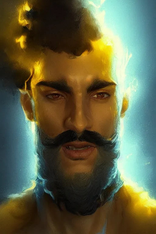 Prompt: Arab man light beard, curly hair, swordsman, modern, hero, yellow and charcoal leather, glowing blue eyes!! highly detailed, digital painting, artstation, concept art, sharp focus, illustration, by greg rutkowski