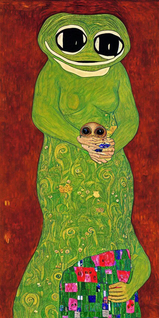 Image similar to pepe the frog in portrait of adele bloch - bauer i by gustav klimt