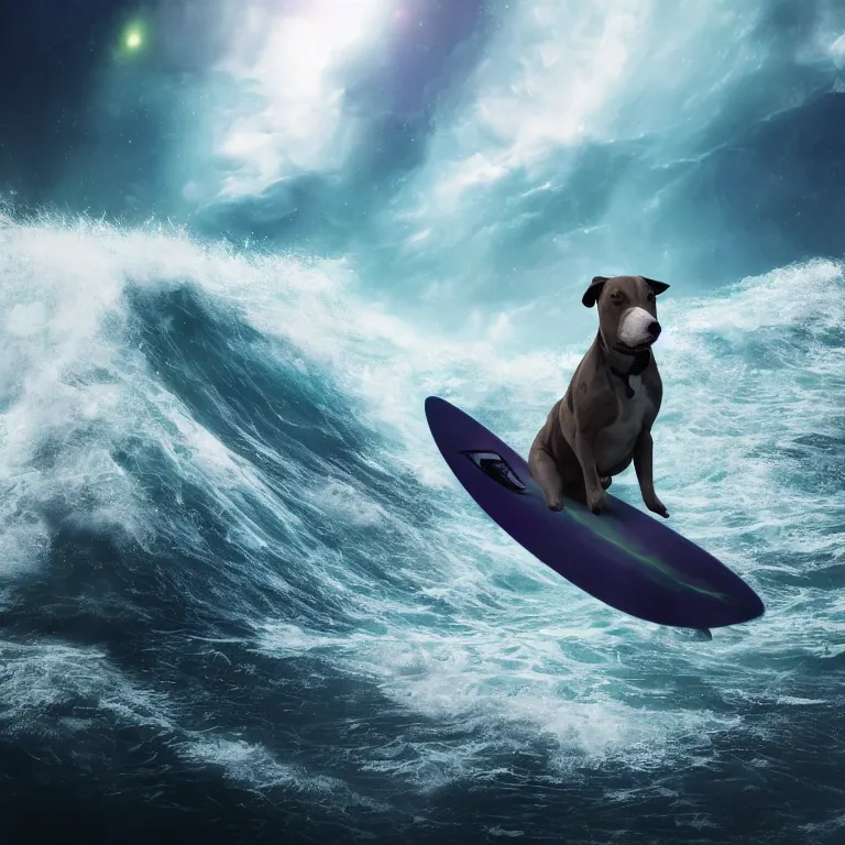 Prompt: photo of a dark gray white coat pit bull with a white paws, surfing on a surfboard in a crashing wave of alien ocean in space, background is an alien galaxy, aliens in the background, alien colors, octane render, unreal engine, wide view, 8 k, high detaild