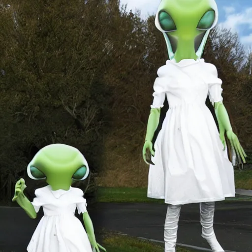 Prompt: an alien wearing a white belle rina frock