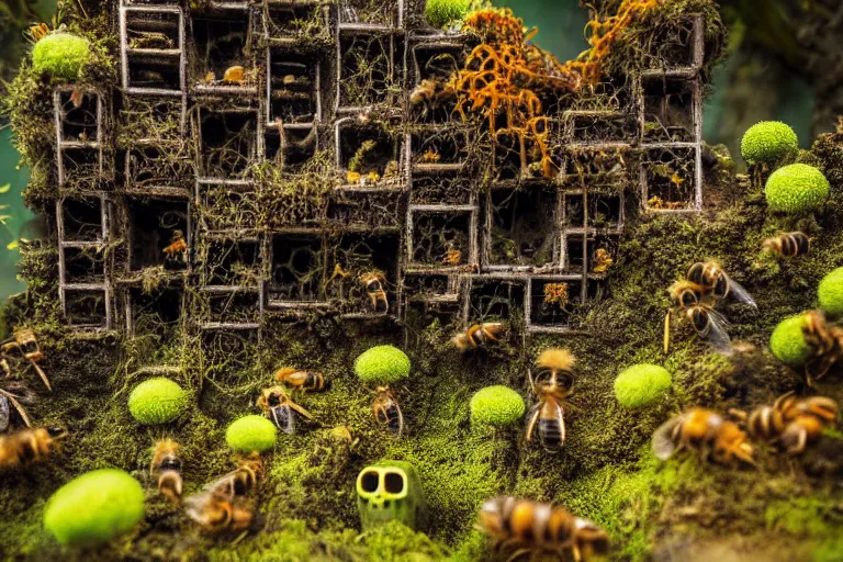 Prompt: elegance, favela garden honeybee hive, slime mold forest environment, industrial factory, spooky, award winning art, epic dreamlike fantasy landscape, ultra realistic,