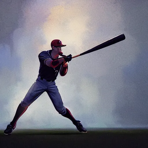 Image similar to baseball player hitting the ball with the baseball bat in the middle of the game and in front of everyone in the stadium, james gurney painting style, greg rutkowski, artstation, octane render, unreal engine 5