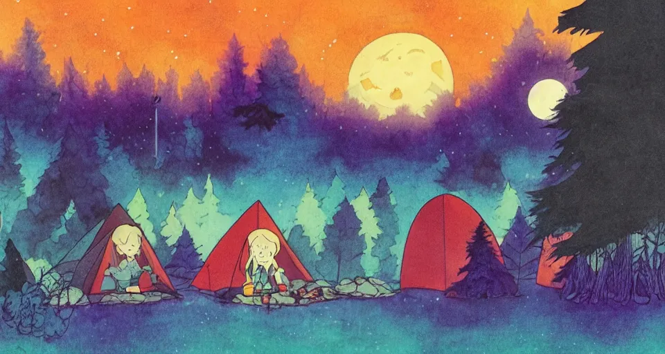 Prompt: camping by the lake in a forest, landscape by kelly mckernan and studio ghibli, night, moonlight, red, yellow, purple and blue tones, pastel colors