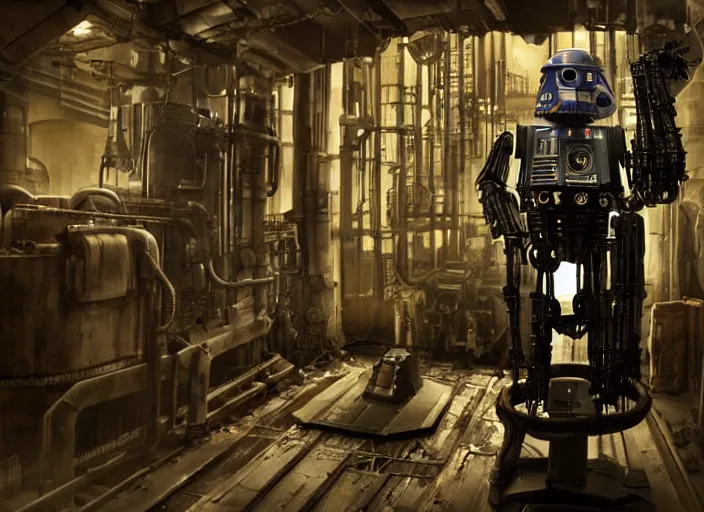 Prompt: film still from star wars, strange ig - 1 1 assassin droid working in a dimly lit industrial junk engine room. interior set design photograph by gilbert taylor 2 0 4 9