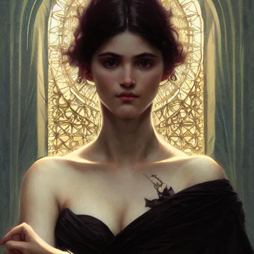 Image similar to portrait of dark goddess, intricate, elegant, highly detailed, digital painting, artstation, concept art, smooth, sharp focus, illustration, art by artgerm and greg rutkowski and alphonse mucha and william - adolphe bouguereau