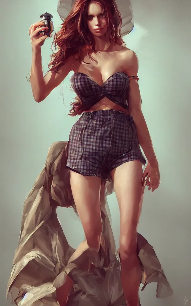 Image similar to a beautiful woman with sultry honey eyes, wearing plaid pleat shorts and drawstring shirred tube top, stunning, highly detailed, digital painting, artstation, hard focus, art by artgerm and wlop