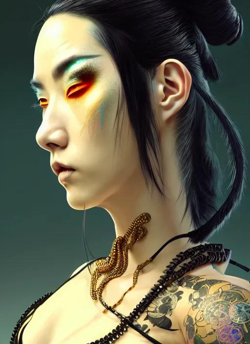 Image similar to portrait of a seductive cyberpunk geisha yakuza raver gutter punk cyborg bioweapon, golden ratio, details, sci - fi, dark fantasy, cyberpunk, intricate, decadent, ornate, highly detailed, digital painting, octane render, 8 k, artstation, concept art, smooth, sharp focus, illustration, art by artgerm, loish, wlop