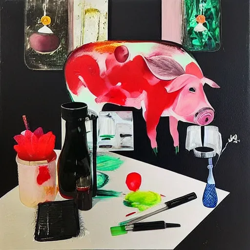 Image similar to “ a portrait in a female art student ’ s apartment, sensual, a pig theme, art supplies, paint tubes, ikebana, herbs, a candle dripping white wax, black walls, squashed berries, berry juice drips, acrylic and spray paint and oilstick on canvas, surrealism, neoexpressionism ”