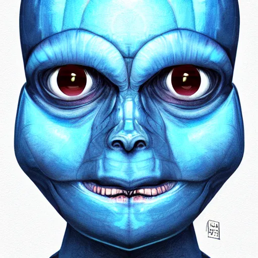 Image similar to portrait of a wide blue alien with reptilian skin. working clothes. character concept art. science fiction illustration. close up face. feature panel from a graphic novel. detailed realistic face, beautiful colour palette. digital painting.