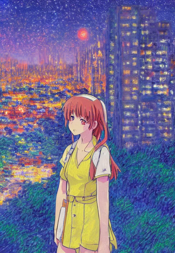 Image similar to wide angle portrait of a teenage girl, a thrifty outfit, somewhat of an anime in impressionist style, city street view background, starlit night sky, trending artwork, illustrated in anime painter studio, by claude monet and an anime artist, collaboration