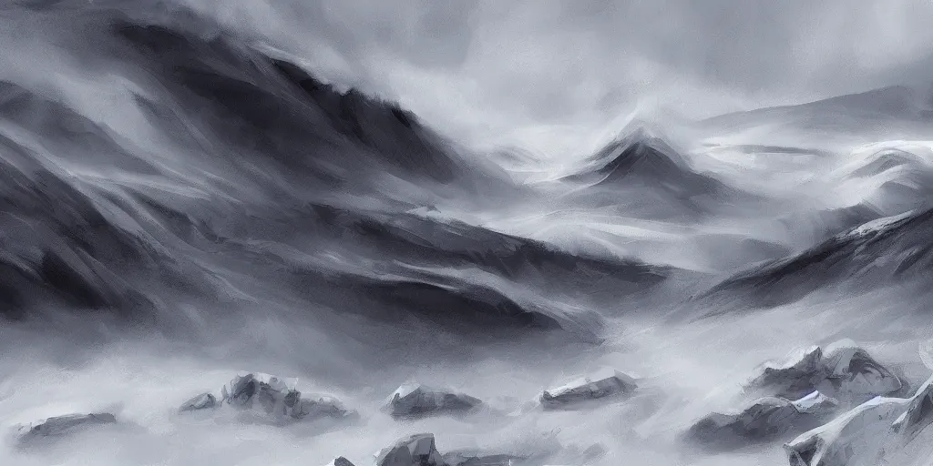 Prompt: a dark sandstorm in snowy glaciers, digital art painting, trending on artstation