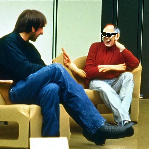 Prompt: photograph steve jobs discussing happier times with douglas adams on campus 1 9 8 8, healthy, in thomas ruff style, 3 5 mm ektachrome