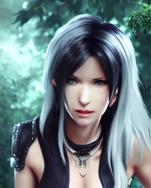 Image similar to tifa lockhart with white hair, beautiful face, very shy, elegant clothes, introverted, garden, utopian city, solarpunk, perfect, attractive, illuminated, ultra realistic, atmosphere, cinematic, artstation, highly detailed