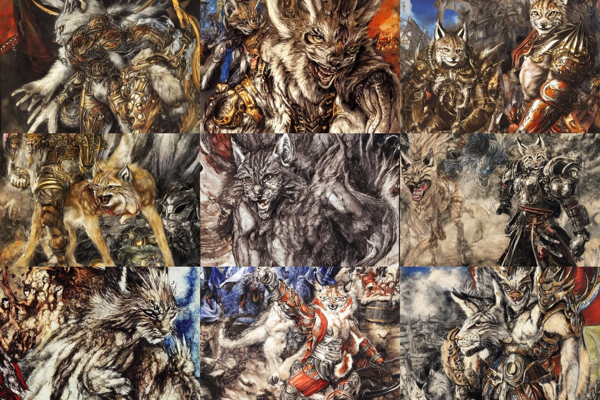 Image similar to 8k Yoshitaka Amano painting of upper body of a young cool looking lynx beast-man with white mane at a medieval market at windy day. Depth of field. He is wearing complex fantasy armors. He has huge paws. Renaissance style lighting.