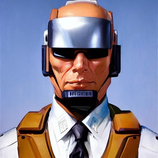 Image similar to greg manchess portrait painting of peter weller combined with the robocop as overwatch character, 8 0 ies aesthetic, medium shot, asymmetrical, profile picture, organic painting, sunny day, matte painting, bold shapes, hard edges, street art, trending on artstation, by huang guangjian and gil elvgren and sachin teng