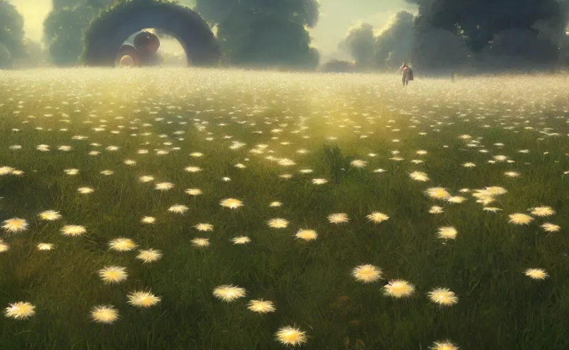 Image similar to portal to another world in a field of daisies, painting by craig mullins, octane rendering, soft morning lighting, wide angle lens, in the style of hayao miyazaki, trending on artstation