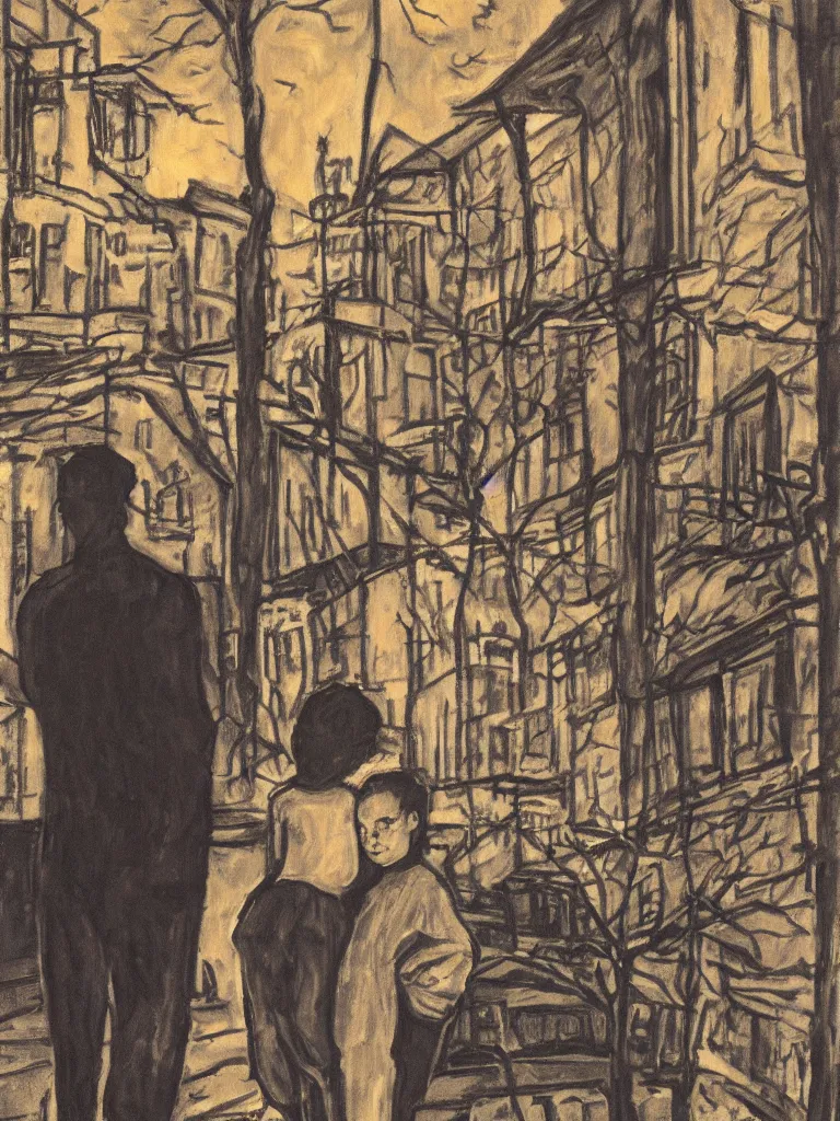 Prompt: backlit portrait of 2 kids posing at night, by alice neel, high definition, intricate details, atmospheric, town square, dark, vegetation, small town, god light