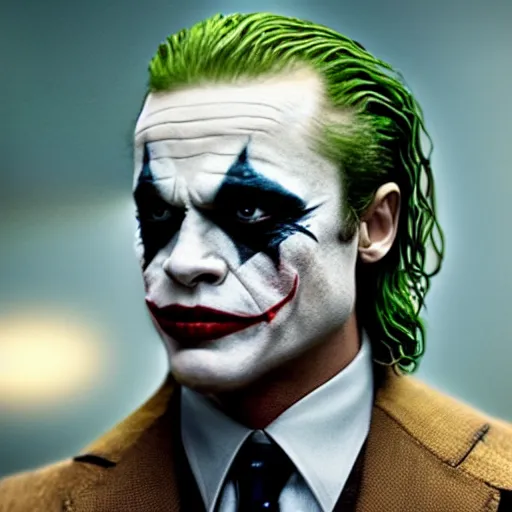 Prompt: awe inspiring Brad Pitt as The Joker 8k hdr movie still dynamic lighting