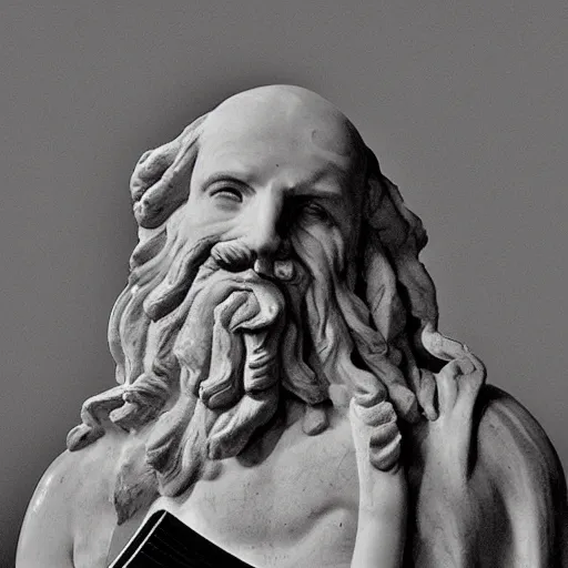 Image similar to epic greek marble statue of a bald man with a long beard, holding a guitar, photo, chiaroscuro