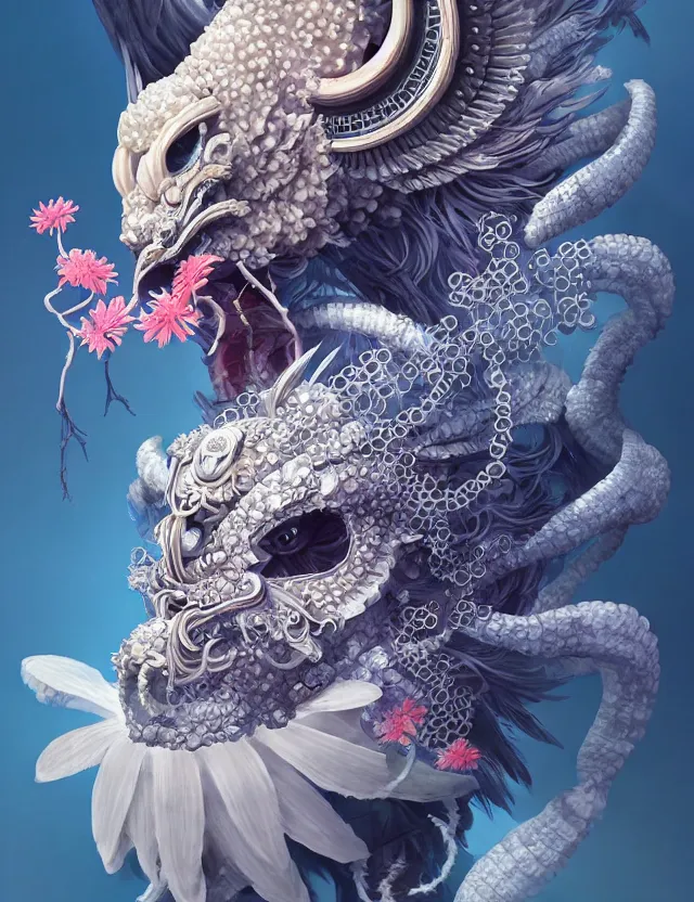 Image similar to 3 d goddess close - up profile portrait ram skull. beautiful intricately detailed japanese crow kitsune mask and clasical japanese kimono. betta fish, jellyfish phoenix, bio luminescent, plasma, ice, water, wind, creature, artwork by tooth wu and wlop and beeple and greg rutkowski