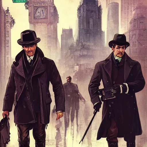 Image similar to [UHD Sherlock Holmes and Watson as GTA characters on the streets of futuristic cyberpunk London, correct faces, intricate, elegant, graphic detail, digital painting, trending on artstation, concept art, tonalism, sharp focus, illustration, art by Miguel Vasquez and Greg Rutkowski and Alphonse Mucha]