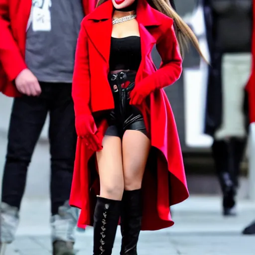 Image similar to ariana grande as an vampire with a red coat and pointy ears 4 k