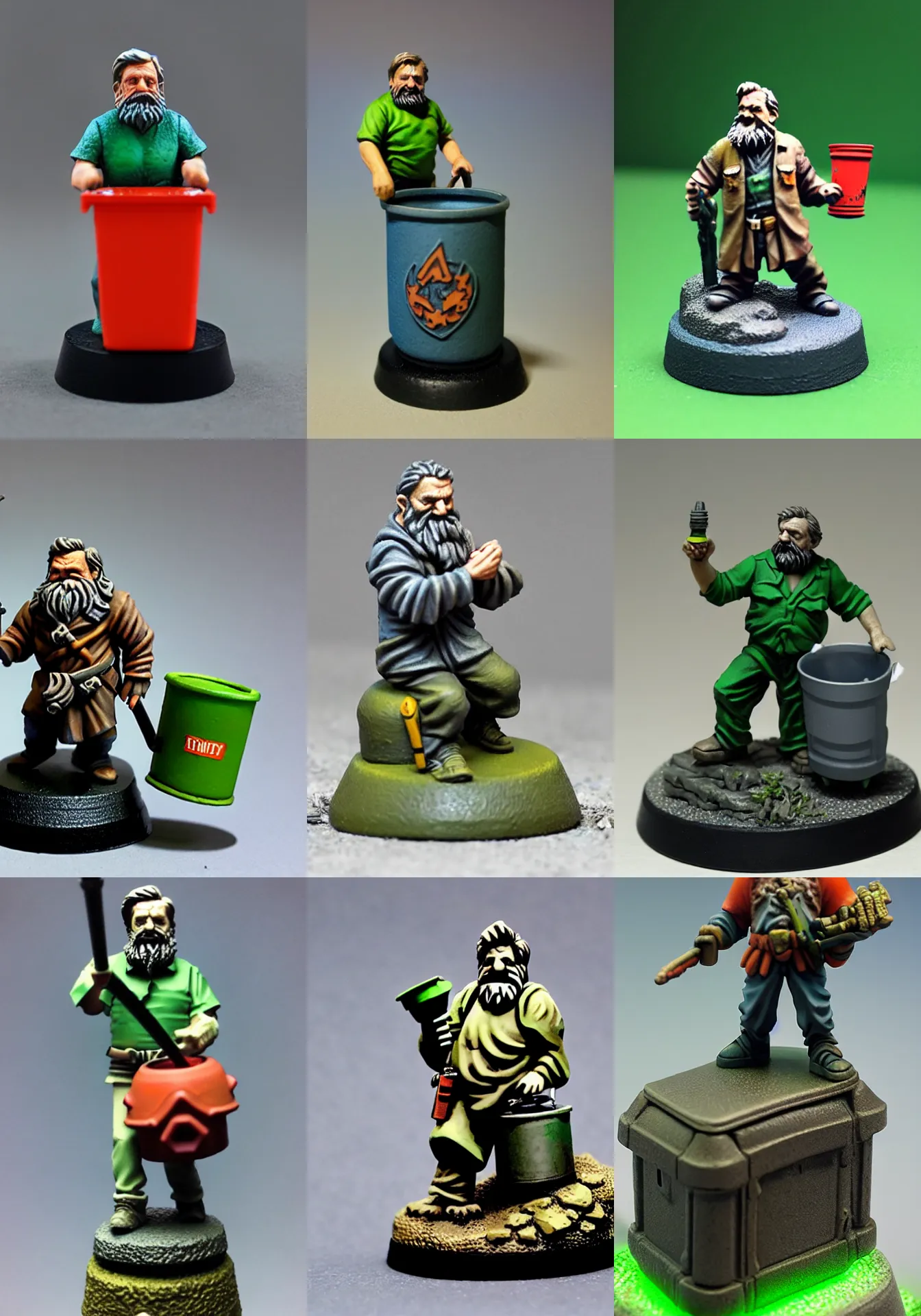 Prompt: slavoj zizek with glowing trashcan of ideology, resin miniature, 2 8 mm heroic scale, games workshop, druid, citadel colour, osl, nmm, r / paintedminis, round base, fantasy ttrpg, dungeons and dragons, wild shape : raccoon, reaper minis