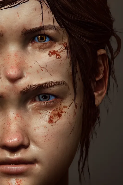 Image similar to ultra detailed facial portrait of ellie from the last of us part 2, micro expressions, highly detailed, trending on artstation, cinematic lightning, sharp focus, illustration, 8 k, elegant