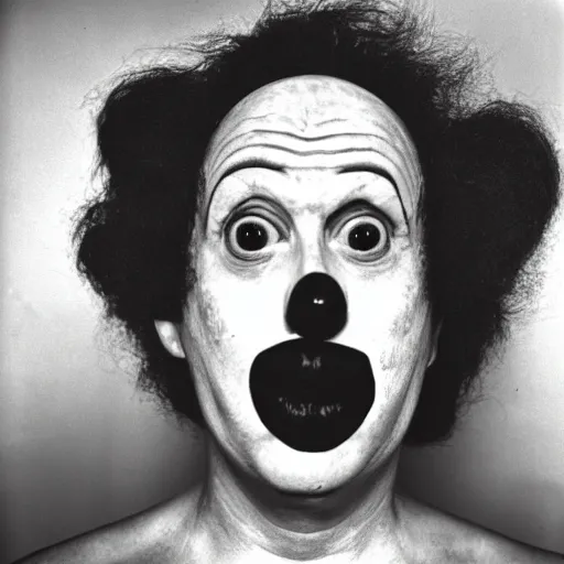 Image similar to portrait of clown by diane arbus, black and white photography