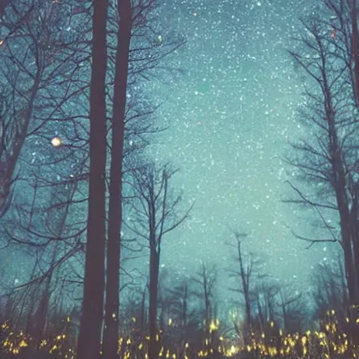 Image similar to wrought silver forest under a moonlit star filled sky filled with fireflies