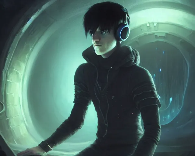 Image similar to a 4 k cinematic screenshot still portrait of a emo in a dark liminal space room listening to music wearing headphones, deep focus, d & d, fantasy, intricate, elegant, highly detailed, digital painting, artstation, concept art, matte, sharp focus, illustration, dark fantasy style art, hearthstone, art by artgerm and greg rutkowski and alphonse mucha