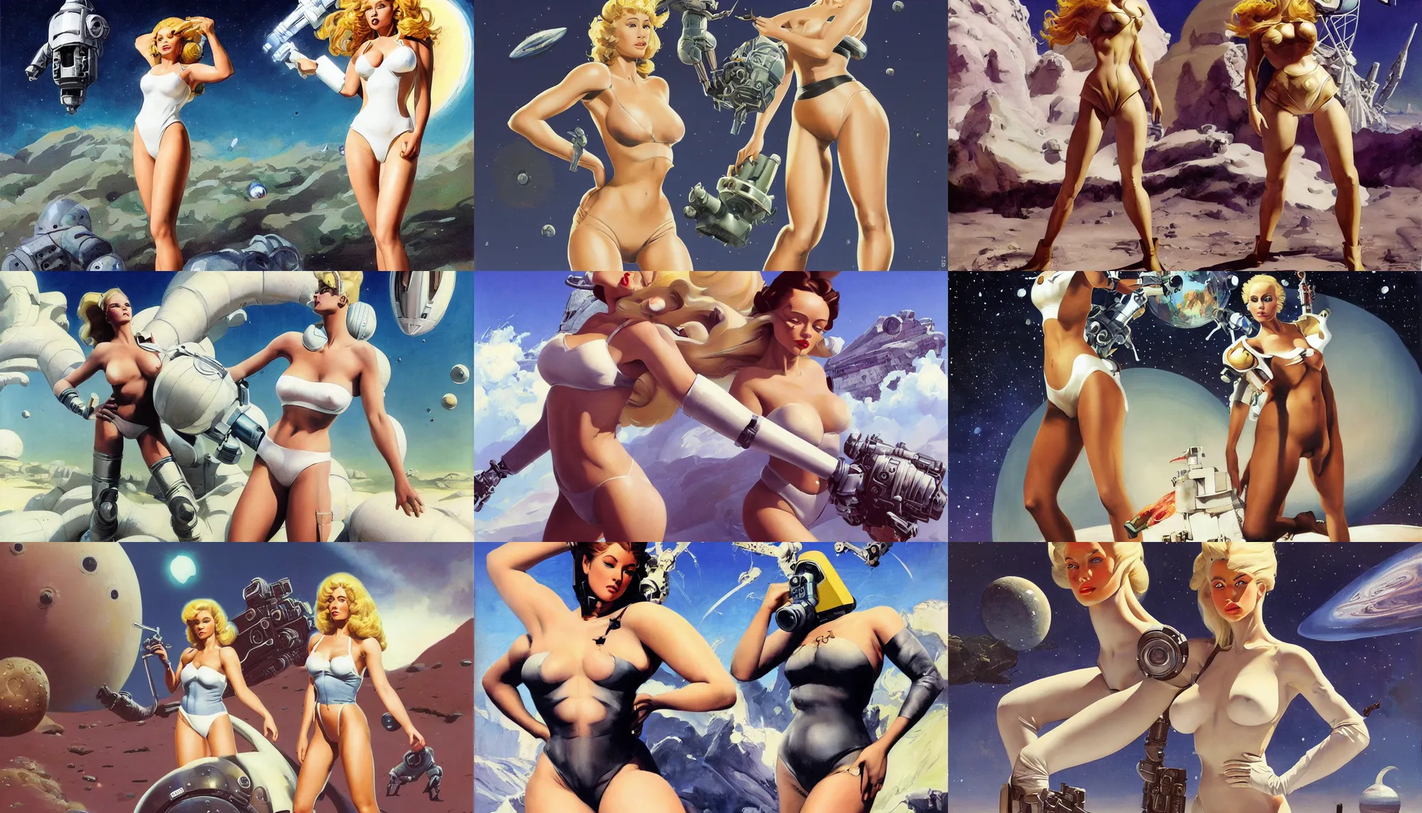 Image similar to A mixed media portrait painting of a beautiful blonde brunette woman exploring an alien planet, very curvy, aesthetic! high-waisted white-bikini-armor and boots, holding raygun, aesthetic symmetrical face and eyes, model, Scandinavian, wet, discarded mechsuit in background, by Frank Frazetta, Boris Vallejo, Beeple, Greg Rutkowski, Christian MacNevin, eighties-pinup style, epic fantasy character art, high fantasy, CGsociety, exquisite detail, post-processing, masterpiece, cinematic