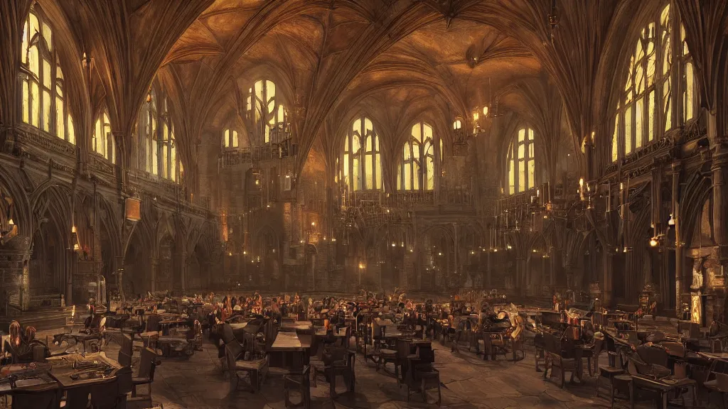 Image similar to hogwarts cinematic great hall art, detailed epic illustration, darek zabrocki, unreal engine,