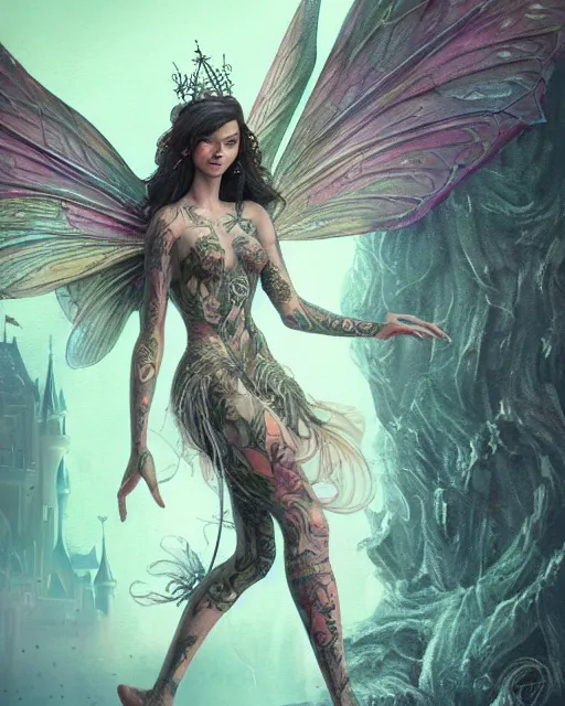 Prompt: a close - up of beautiful tattooed fairy in front of the disney castle, hyper realistic face, green eyes, fantasy art, in the style of greg rutkowski, illustration, epic, fantasy, intricate, hyper detailed, artstation, concept art, smooth, sharp focus, vibrant, abstract