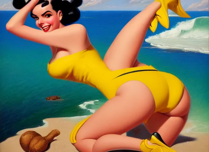 Image similar to the style of the artist gil elvgren, a girl with black hair, overwatch tracer, with a very beautiful symmetrical face, a smile on her face, tanned skin, in a yellow bikini, against the background of a sea beach, in art style, high detail, digital painting, hyperrealism