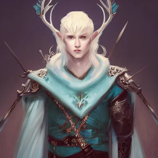 Image similar to half length portrait of a handsome male snow elf in a turquoise cape and silver ornate armour as an archer, albino skin, winter vibes, perfect face, elegant, very coherent symmetrical artwork, atmospheric lighting, rule of thirds, by wenjun lin, krenz cushart, charlie bowater, trending on artstation