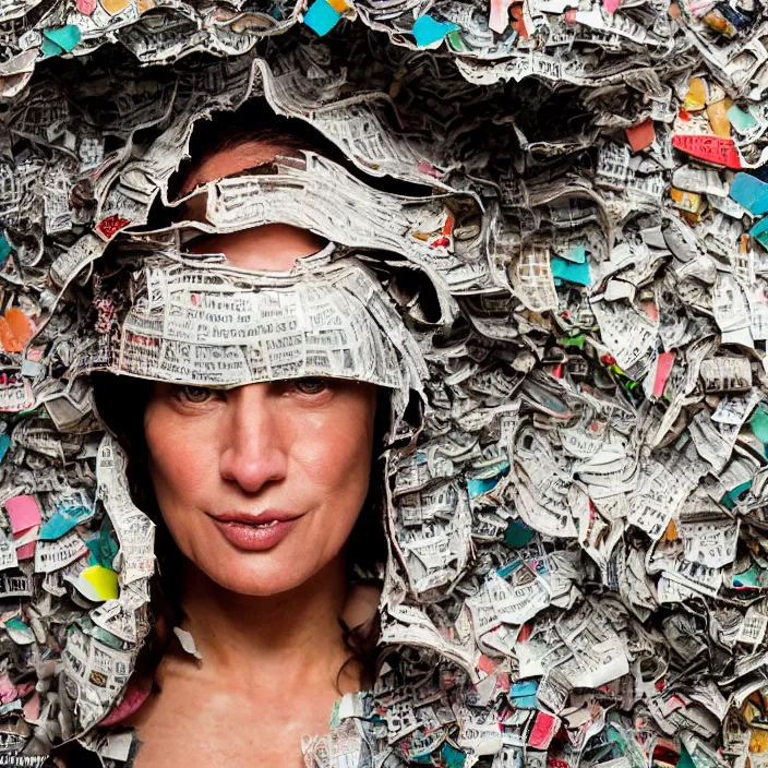 Image similar to closeup portrait of a woman with a hood made of newspaper and confetti, standing in a haunted abandoned house, by Annie Leibovitz and Steve McCurry, natural light, detailed face, CANON Eos C300, ƒ1.8, 35mm, 8K, medium-format print