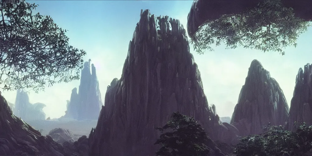 Prompt: a futuristic vertical architecture right in the middle of a huge crater in a tropical forest, ralph maquarrie and syd mead cinematic matte painting, 4 k