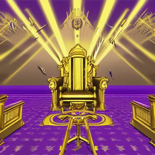 Image similar to Digital art of the golden throne room Imperial matte finish, ominous dramatic wide angle, god rays purple banners