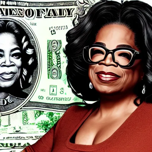 Image similar to an intricately detailed new dollar bill design featuring a portrait of Oprah Winfrey