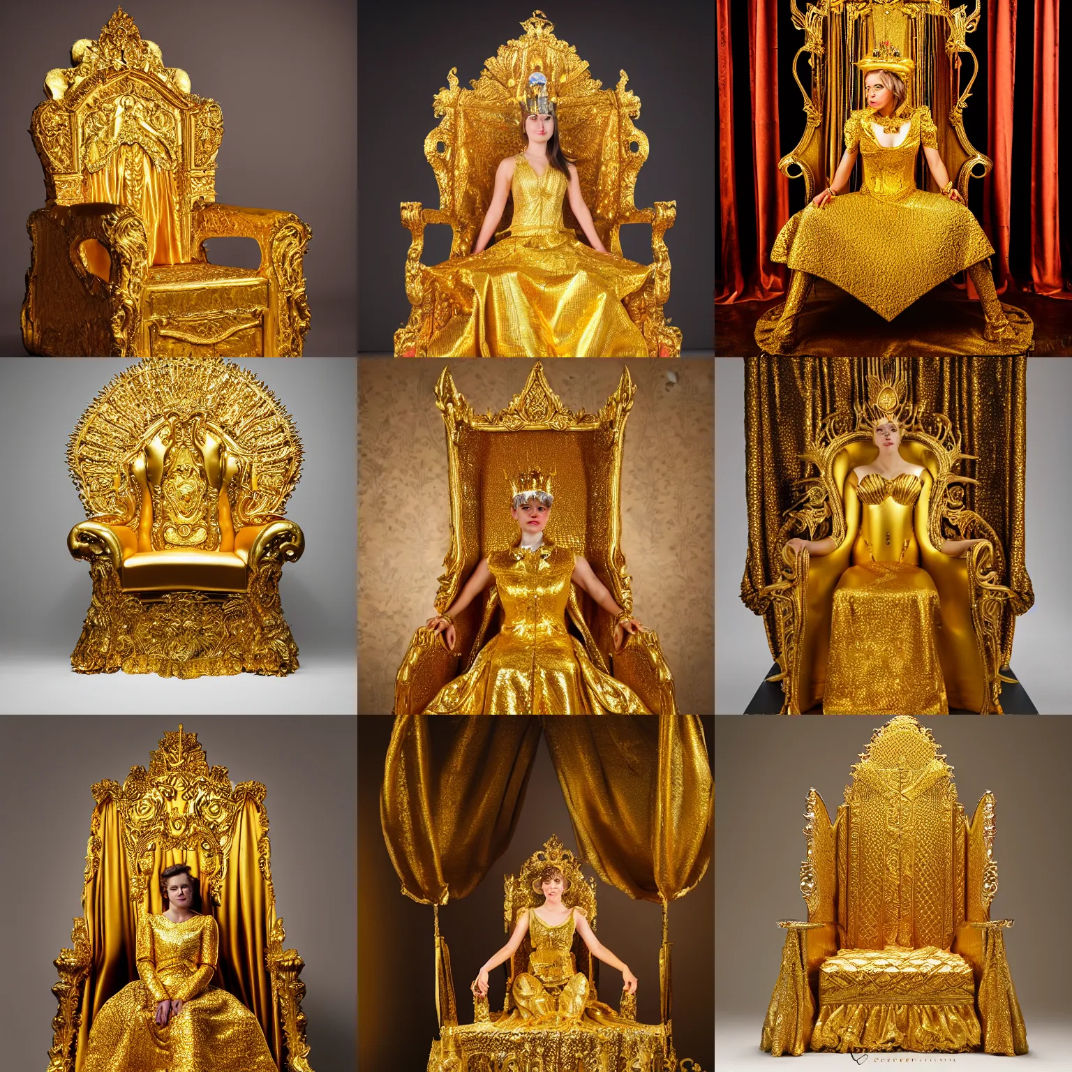 Prompt: a golden throne made out of a woman, golden throne costume, studio photography