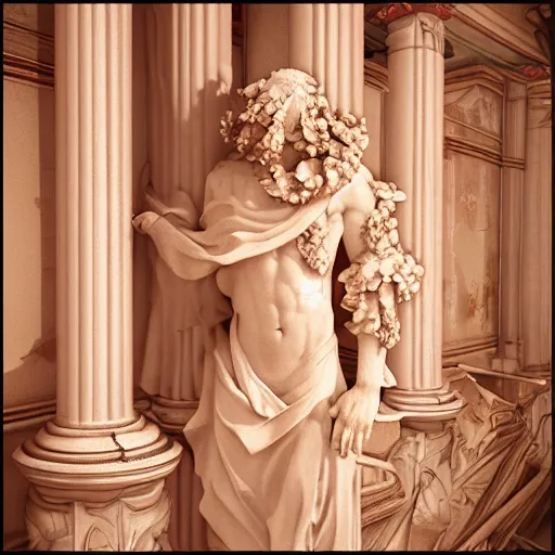 Image similar to baroque vaporwave statue, high detail, rendered in unreal engine, 3d render, god rays, volumetric lighting, award winning, photorealistic, vegetation