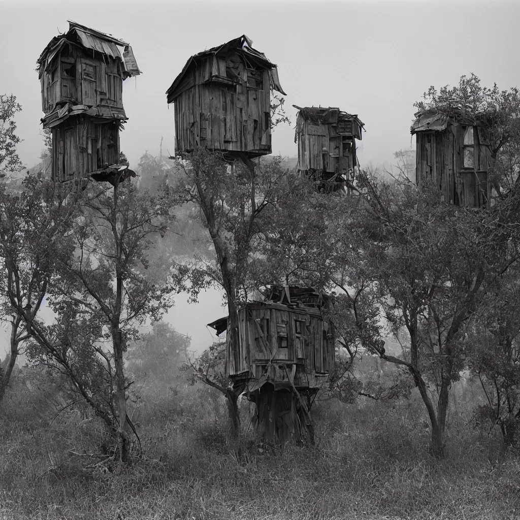 Prompt: two organic - looking towers, made up of makeshift squatter shacks, misty, dystopia, mamiya rb 6 7, fully frontal view, very detailed, photographed by ansel adams