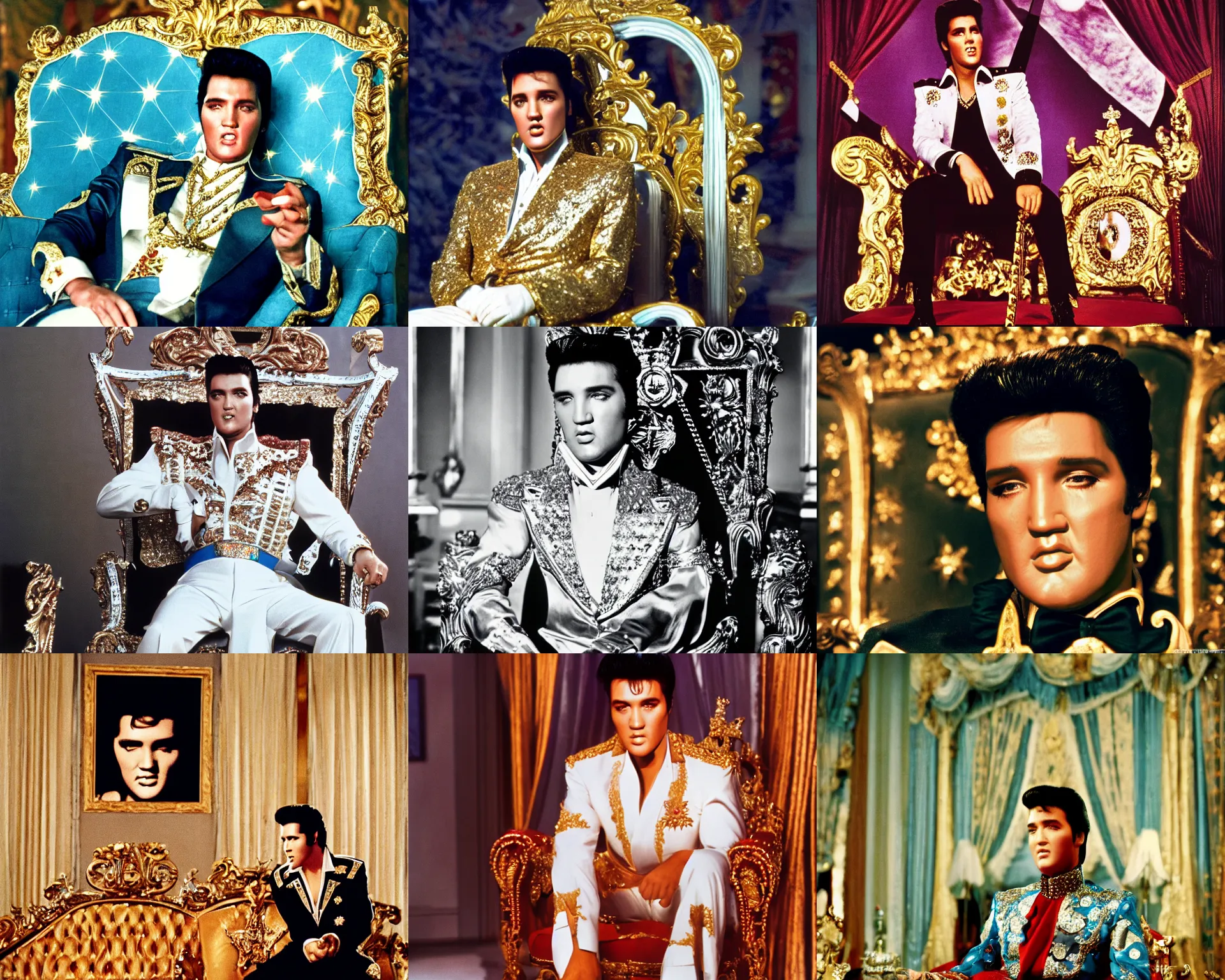 Prompt: sharp, highly detailed, film from a color movie, elvis as king of the world, sitting on his throne in his castle, reflective eyes, in focus, 3 5 mm macro lens, good lighting, good photography