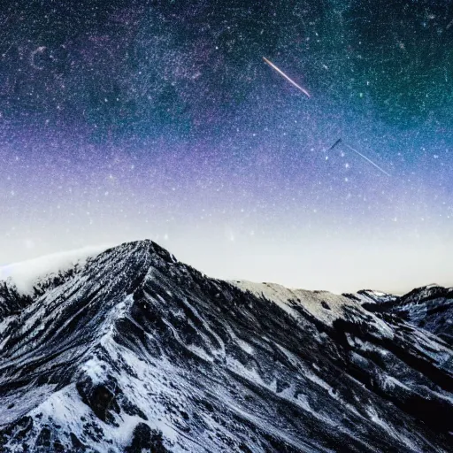 Image similar to a large snowy mountain with a night full of stars and galaxies behind it, cinematic picture